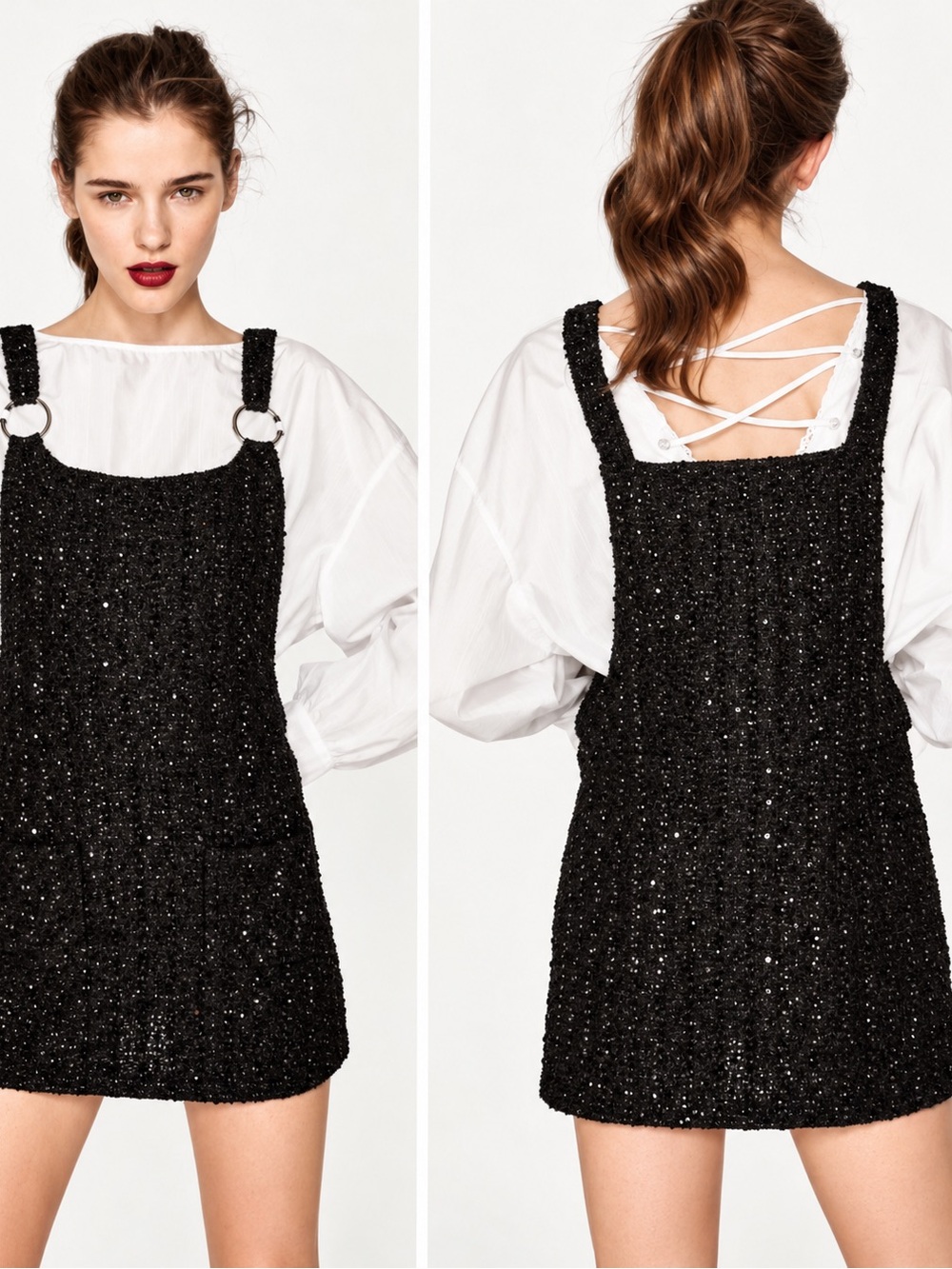 Zara Trafaluc Black Silver Sequin Tinsel Pinafore Mini Dress